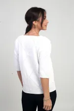 Kadın V Yaka Baklava Desenli Yarım Kol Simli Bluz