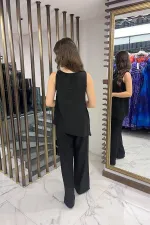 Kadın  Toka Detaylı Eteği Asimetrik Bluz Beli Lastikli Cepli Palazzo Pantolon Keten 2'li Takım