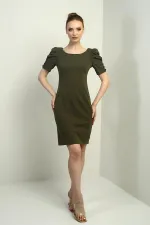 Women's Boat Neck Dress with Buttoned Sleeves, Pleated, and Zipper Back