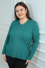 Women's V-Neck Front Stripe Stone Print Ribbed Plus Size Cold Yarn Knit Blouse