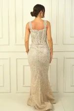 Women's Thick Strap Underwire Transparent Stone and Sequin Long Dress