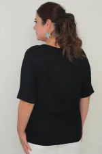 Kadın Yakası Zincirli Kısa Yarasa Kollu Taşlı Likralı Büyük Beden Bluz