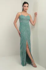 Women's Strappy Flocked Stone Print Lined Tulle Long Dress