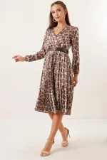 Wrap Neckline Patterned Belted Lined Pleated Satin Dress