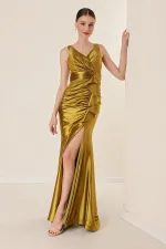 Robe longue en satin, drapée, à volants, doublée, taille large