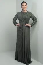 Women's Plus Size Long Chiffon Dress with Sequin and Bead Embellishment, Lined, and Floral Waistline