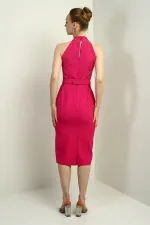 Kadın Taşlı Çapraz Yaka Beli Kemerli Midi Krep Elbise