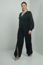 Combinaison en crêpe grande taille pour femme, col en V, fermeture à un bouton, manches en mousseline, semi-doublée