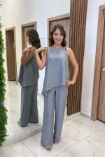 Kadın  Toka Detaylı Eteği Asimetrik Bluz Beli Lastikli Cepli Palazzo Pantolon Keten 2'li Takım