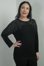 Kadın Taşlı Kanat Model Likralı Çilek Büyük Beden Bluz