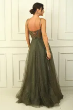 Strapless, Draped Front, Lined, Underwire, Laced Back, Long Glittery Dress