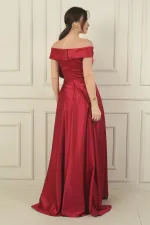 Kadın Madonna Yaka Önü Büzgülü Astarlı Pelerinli Saten Uzun Elbise