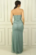 Kadın Straplez Astarlı Taşlı Önü Yırtmaçlı Simli Uzun Abiye Elbise