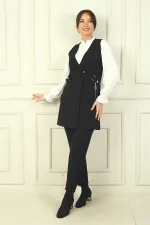 Women's Single Snap Zippered Pocket Long Vest Chiffon Shirt Elastic Waist Trousers 3-Piece Set