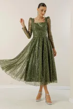 Square Neck Long Sleeve Lined Sequin Beaded Dress