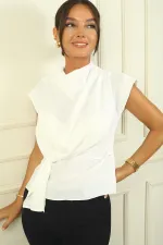 Women's V-Neck Front Detail Crepe Satin Blouse