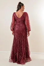 Front Back V Neck Glittery Flock Print Plus Size Long Dress