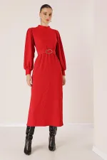 Beli Kemerli Omuz Büzgülü Elbise