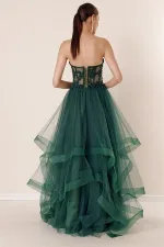 Long, Layered Tulle Taffeta Evening Dress with Beaded Embellishments