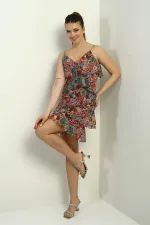 Women's Thin Strap Bust Ruffled Skirt Layered Lined Floral Pattern Short Chiffon Dress