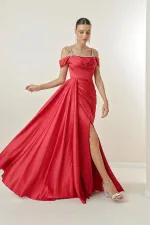 Stone Detailed Thin Strap Low Sleeve Lined Long Satin Dress