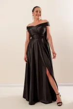 Robe longue en satin grande taille avec col et ceinture, doublée et fendue