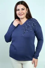 Kadın V Yaka Büyük Beden Taşlı Triko Bluz