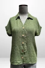 Kadın Polo Yaka Kendinden Desenli Keten Gömlek