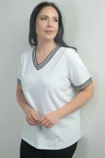 Women's Plus Size Casual Blouse with Collar and Sleeve Stripes