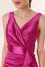 Draped, Flounced Front, Lined, Wide-Size, Long Satin Dress