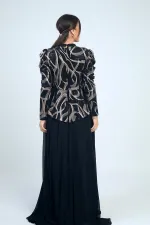 Kolları Büzgülü Güllü KEmer Detaylı Astarlı Üstü Yaldızlı Şifon Elbise