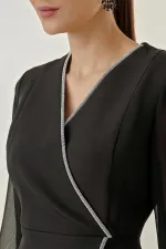 Double-Breasted Chiffon Sleeves Half-Lined Dress with Shiny Stone Detail on the Front