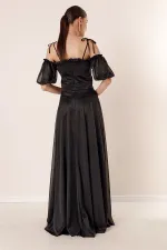 Long Dress with Pleated Neckline, Balloon Sleeves, Lined, and Glittery Embellishments.