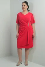 Robe femme à col en V froncée sur le devant avec détails en pierres, doublée, grandes tailles, Lycra