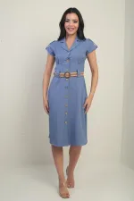 Women's Collared, Off-Shoulder, Double-Pocket, Belted Linen-Effect Dress