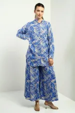 Women's Side Slit Tunic Shirt, Elastic Waist Pocketed Palazzo Pants, Leaf Pattern Oversize 2-Piece Set