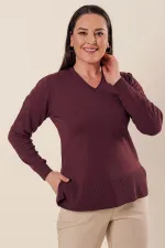 Plus Size Acrylic Sweater with V-Neck Sleeves and Side Slits