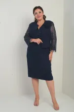 Kadın Kruvaze Yaka Beli Drapeli Elbise Kolları Tül Ceket Astarlı Pul Detaylı Büyük Beden 2'li Takım