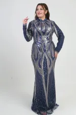 Kadın Dik Yaka Pul İşlemeli Astarlı Büyük Beden Uzun Elbise