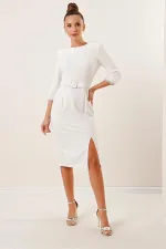 Belted Dress with Embellished Feather and Rhinestone Details on Sleeves