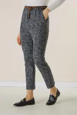 Beli Lastikli Kemerli Yandan Cepli Cam Kırığı Desen Dar Paça Pantolon