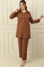 Chemise à une poche et manches retroussables, pantalon palazzo à taille élastique, effet lin, ensemble deux pièces grandes tailles