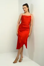 Robe midi asymétrique à bretelles, drapée et doublée pour femme