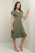 Women's Collared, Off-Shoulder, Double-Pocket, Belted Linen-Effect Dress