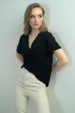 V Neck Short Sleeve Blouse with V Accessories