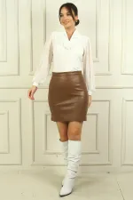 Kadın İçi Şardonlu Yırtmaç Detaylı Mini Deri Etek