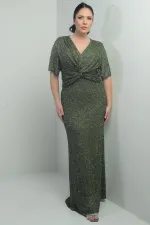 Robe longue doublée à col en V pour femme, ornée d'un nœud sur le devant et de perles, grandes tailles