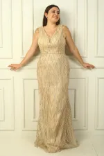 Kadın Omzu Püsküllü Astarlı Boncuk Ve Taşlı Büyük Beden Uzun Elbise