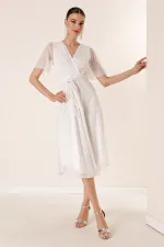 Wrap-Neck Belted Lined Glitter Tulle Dress