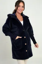 Manteau en angora doublé à capuche et boutons sur le devant pour femme, avec manches côtelées